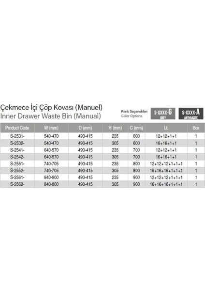 2541 Çekmece Içi Manuel Çöp Kovası 24+2 Litre Gri 2 Kovalı 70CM fiyatları