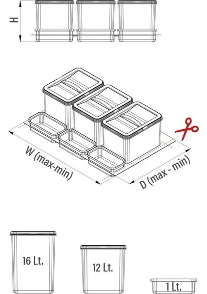 2541 Çekmece Içi Manuel Çöp Kovası 24+2 Litre Gri 2 Kovalı 70CM modelleri