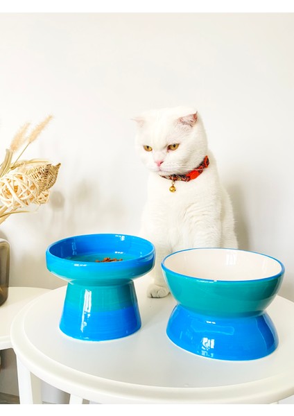 Seramik Kedi ve Köpek Mama Su Kabı Luna- Ayaklı Model 2'li(Turkuaz)