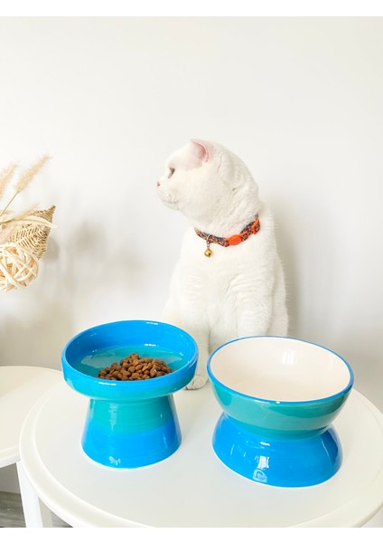 Seramik Kedi ve Köpek Mama Su Kabı Luna- Ayaklı Model 2'li(Turkuaz) modelleri