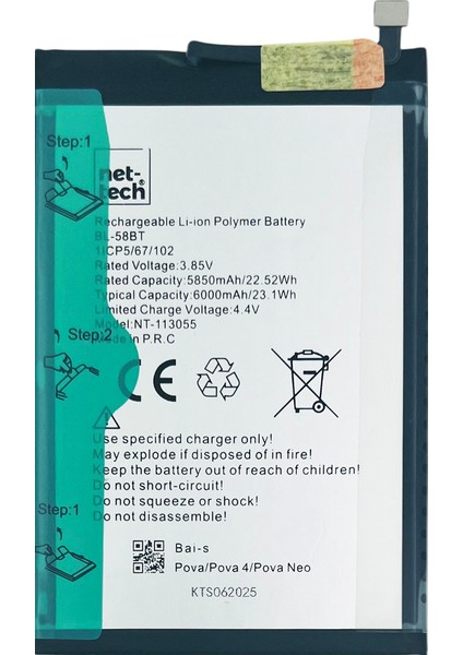 Teknonet Tecno Pova Uyumlu Nettech BL-58BT 6000 Mah Batarya