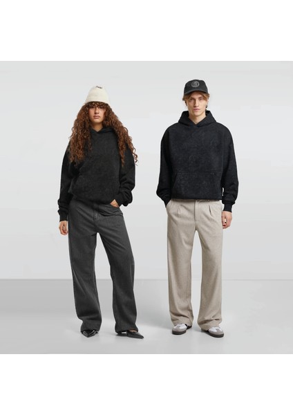 Unisex Batik Yıkamalı Şardonlu Kapüşonlu Kanguru Cepli Relaxed Fit Sweatshirt Cloud