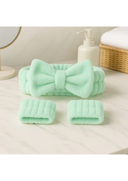 Mikrofiber Welsoft Saç Bandı ve Bileklik Seti – Makyaj & Yüz Yıkama Için
