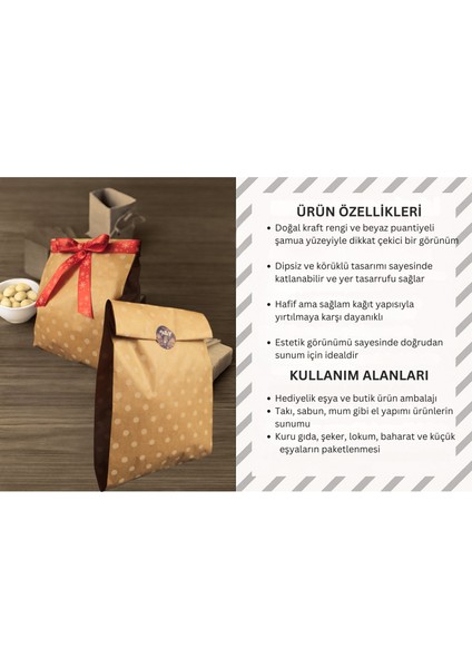 Körüklü Kraft Kese Kağıdı, Beyaz Puantiyeli Şamua Hediye, Ambalaj & Gıda Poşeti, 15X33 Cm, 250 Adet fırsatları