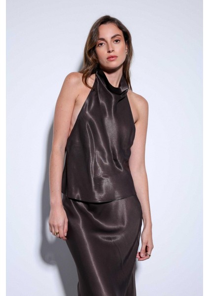 Kahve Saten Halter Kadın Top modelleri