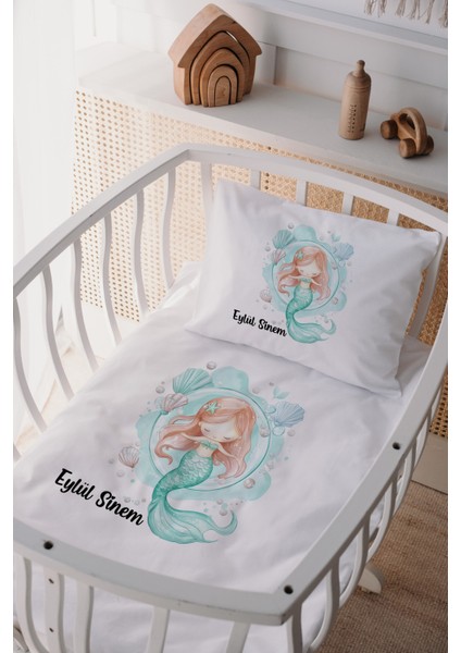 %100 Pamuk Saten Isme Özel Isimli Anne Yanı Beşik Nevresim Takımı Denizkızı