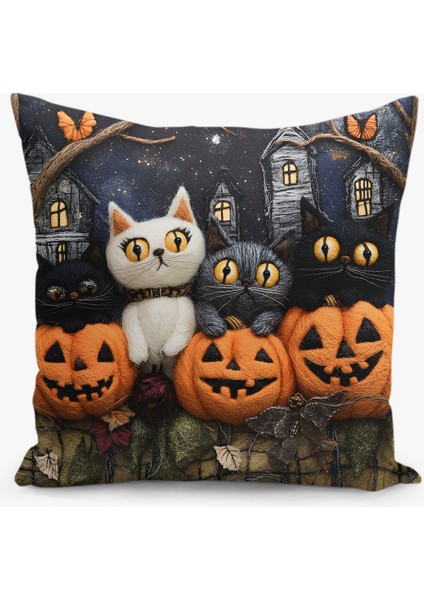 Çift Taraflı Dijital Baskı Kırlent Kılıfı Keçe Işi Gürünümlü Hallowen - Cadılar Bayramı Desenli