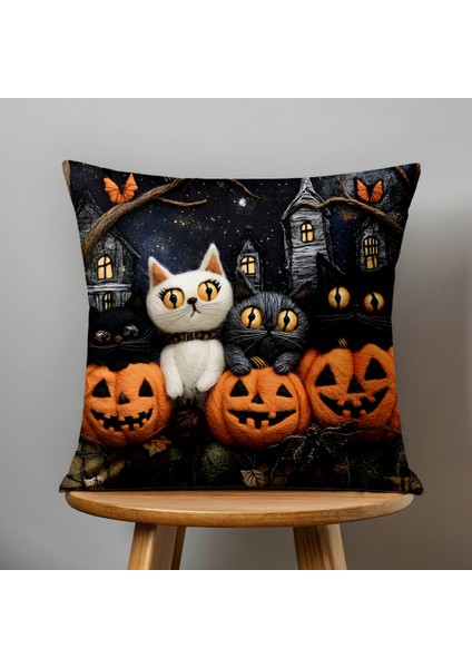 Çift Taraflı Dijital Baskı Kırlent Kılıfı Keçe Işi Gürünümlü Hallowen - Cadılar Bayramı Desenli fiyatları