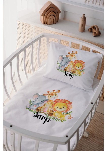 %100 Pamuk Saten Isme Özel Anne Yanı Beşik Nevresim Takımı Safari