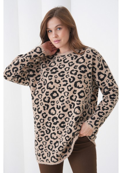 Kadın Leopar Desenli Uzun Kollu Bisiklet Yaka Spor Şık Kışlık Triko Kazak