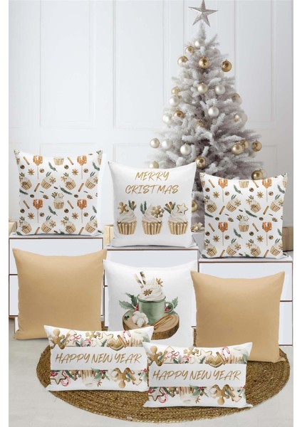 8 Li Çift Taraflı Dijital Baskı Kırlent Kılıfı Yılbaşı / Cristmas Desenli