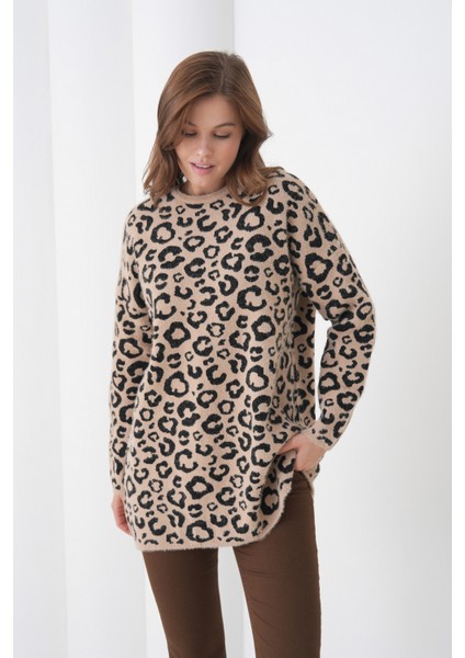 Kadın Leopar Desenli Uzun Kollu Bisiklet Yaka Spor Şık Kışlık Triko Kazak modelleri