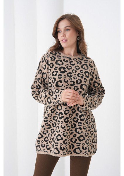 Kadın Leopar Desenli Uzun Kollu Bisiklet Yaka Spor Şık Kışlık Triko Kazak indirimleri