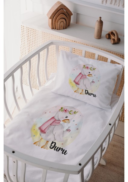 %100 Pamuk Saten Isme Özel Isimli Anne Yanı Beşik Nevresim Takımı Ördek