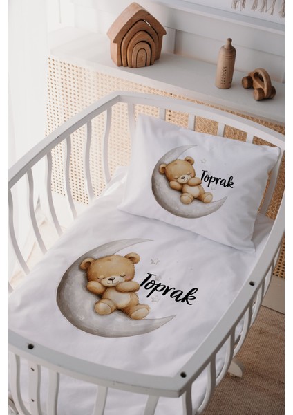 %100 Pamuk Saten Isme Özel Isimli Anne Yanı Beşik Nevresim Takımı Ayıcık