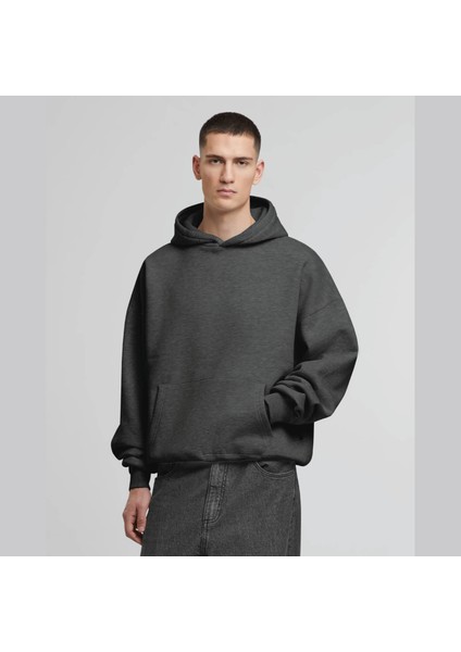 Unisex Şardonlu Kapüşonlu Kanguru Cepli Relaxed Fit Sweatshirt Füme Antrasit fiyatları