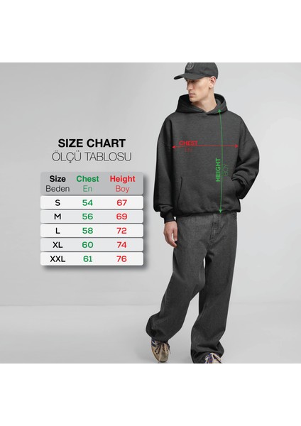 Unisex Şardonlu Kapüşonlu Kanguru Cepli Relaxed Fit Sweatshirt Füme Antrasit