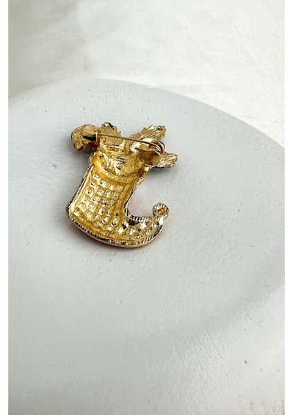 Yılbaşı Özel Yeşil Yıldız Detay Kırmızı Taşlı Noel Çorap Broş (4cm) fiyatları