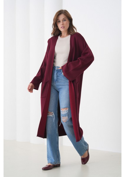 Kadın Tesettüre Uygun Maxi Boy Uzun Kol Cepli Spor Şık Triko Ceket