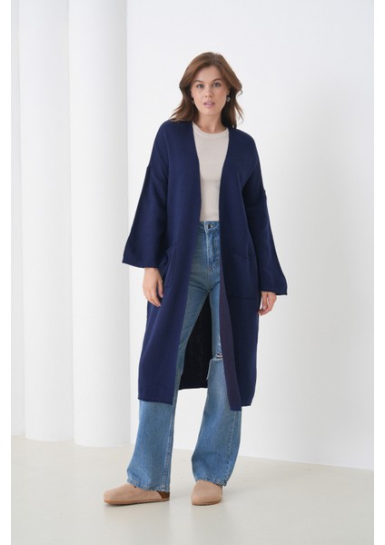 Kadın Tesettüre Uygun Maxi Boy Uzun Kol Cepli Spor Şık Triko Ceket