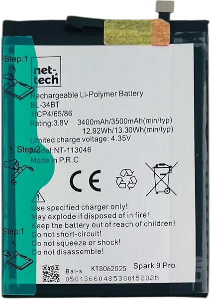 Teknonet Tecno Spark 9 Pro Uyumlu Nettech BL-34BT 4000 Mah Batarya