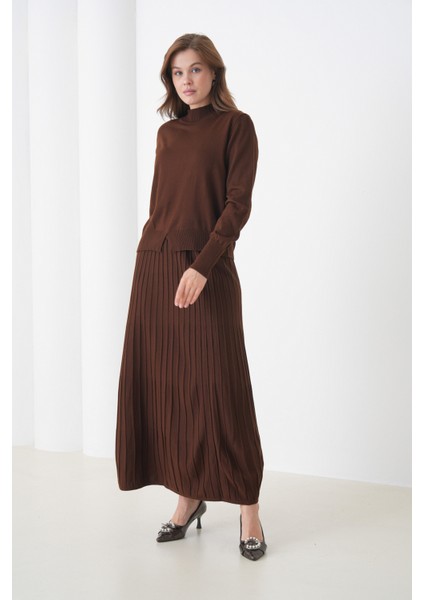 Kadın Pileli Etek Kazağı V Tasarım Tesettüre Uygun Örgü Triko Etek Kazak Takım