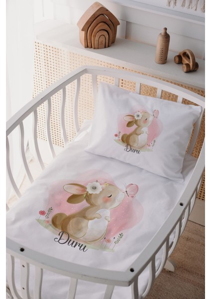 %100 Pamuk Saten Isme Özel Isimli Anne Yanı Beşik Nevresim Takımı Tavşan