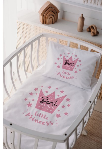 %100 Pamuk Saten Isme Özel Isimli Anne Yanı Beşik Nevresim Takımı Küçük Prenses