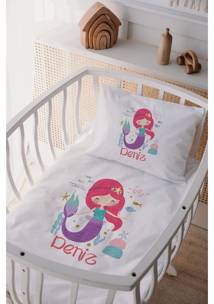 %100 Pamuk Saten Isme Özel Isimli Anne Yanı Beşik Nevresim Takımı Denizkızı