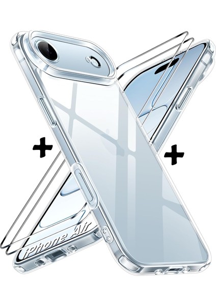 iPhone 17 Air Kılıf Kamera Çıkıntılı Korumalı Yumuşak Şeffaf Renksiz Silikon Kapak + Ekran Koruyucu Cam Set 2in1