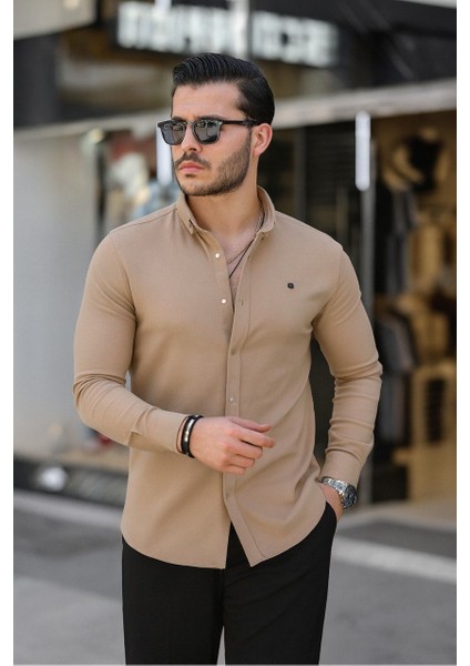 Erkek Basic Slim Fit Uzun Kol Bej Dar Kot Gömlek