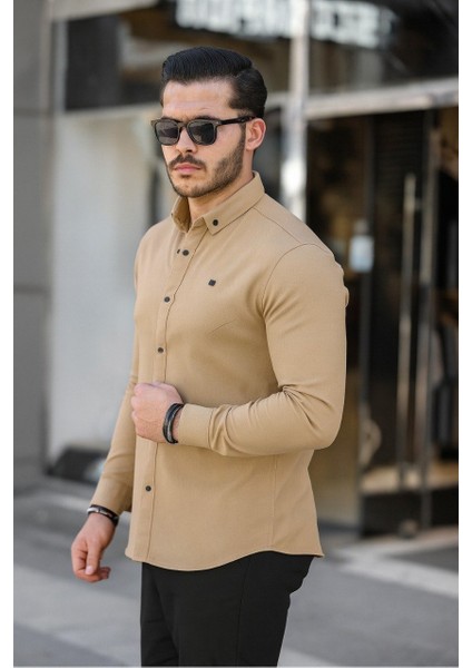 Erkek Basic Slim Fit Uzun Kol Bej Dar Kot Gömlek fiyatları