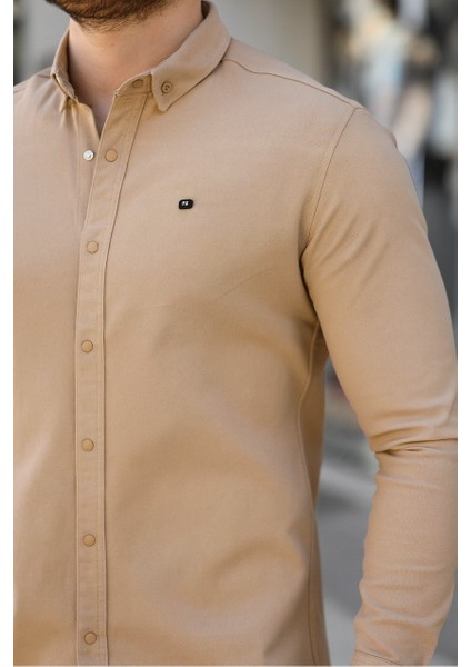 Erkek Basic Slim Fit Uzun Kol Bej Dar Kot Gömlek fırsatları