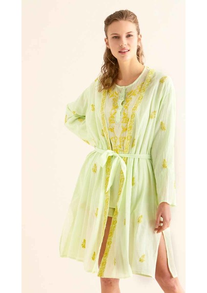 İşlemeli Açık Kimono Açık Yeşil Y9962101_436