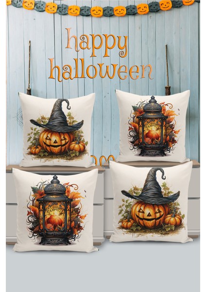 4 Lü Çift Taraflı Dijital Baskı Kırlent Kılıfı Halloween Sonbahar Temalı
