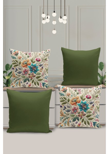 4 Lü Çift Taraflı Dijital Baskı Kırlent Kılıfı Nakış Görünümlü Çiçek Desenli