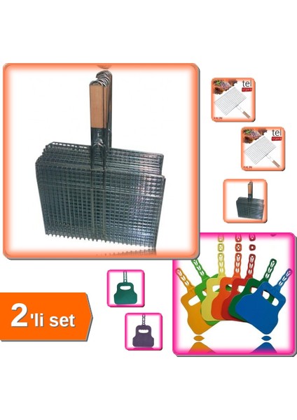 Mangal Izgarası Tel Izgara + Mangal Yelpazesi 2li Set - Barbekü Keyfi Için Pratik Set X5T9QK