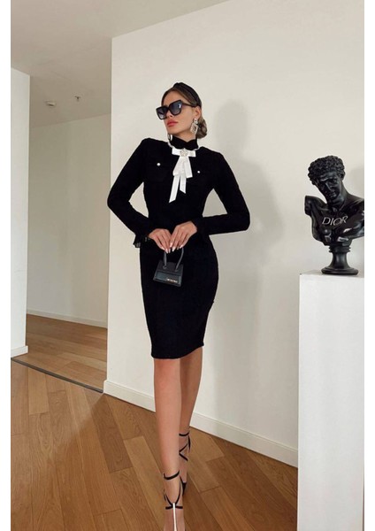 Kadın Broş ve Tül Detaylı Tüvit Kumaş Midi Elbise NBNC7027 modelleri