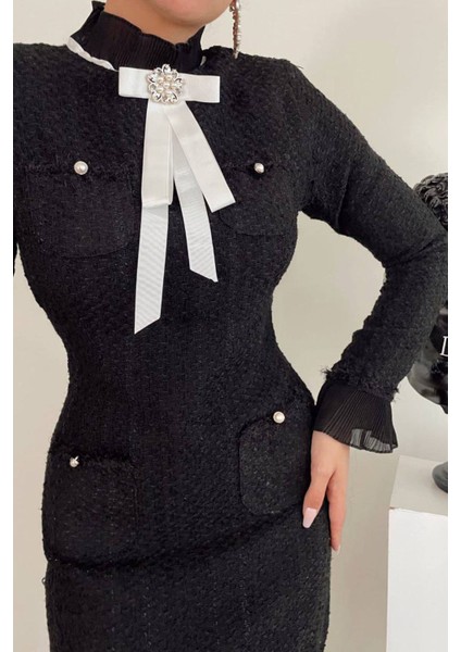 Kadın Broş ve Tül Detaylı Tüvit Kumaş Midi Elbise NBNC7027 fırsatları