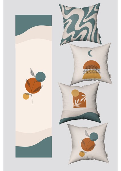 Krem Bohem Geometrik Desenli 4 Kırlent Kılıfı ve 1 Runner Seti