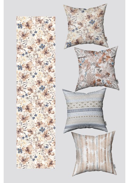 Bohem Botanik Çiçek Desenli 4 Kırlent Kılıfı ve 1 Runner Seti
