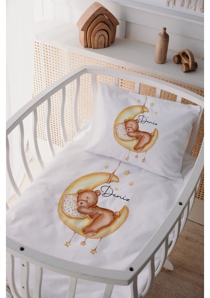 %100 Pamuk Saten Isme Özel Isimli Anne Yanı Beşik Nevresim Takımı Ayıcık