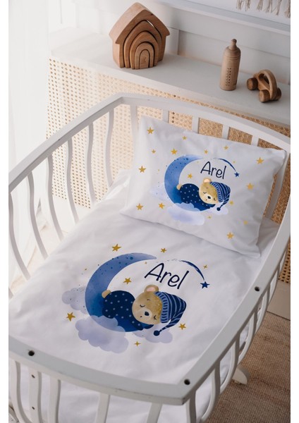 %100 Pamuk Saten Isme Özel Isimli Anne Yanı Beşik Nevresim Takımı Ayıcık