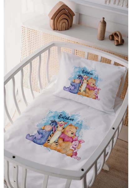 %100 Pamuk Saten Isme Özel Isimli Anne Yanı Beşik Nevresim Takımı Winnie