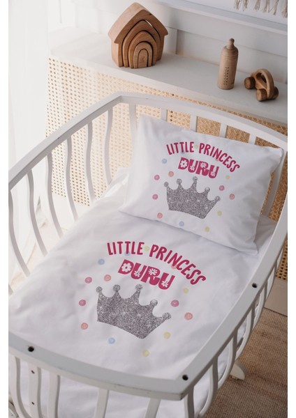 %100 Pamuk Saten Isme Özel Isimli Anne Yanı Beşik Nevresim Takımı Küçük Prenses