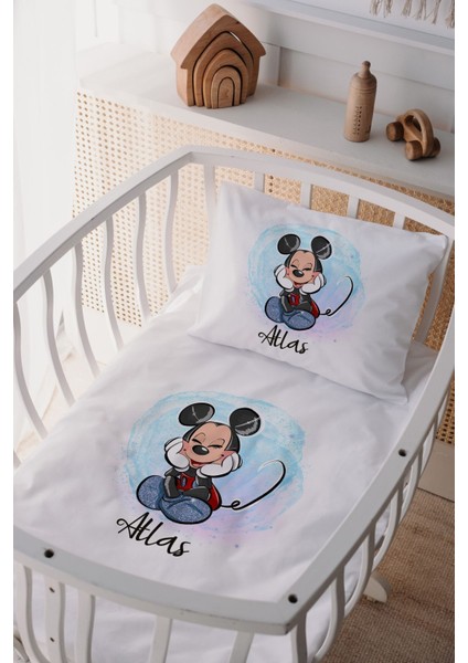 %100 Pamuk Saten Isme Özel Isimli Anne Yanı Beşik Nevresim Takımı Mickey