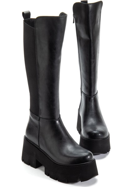 Suins Henna Model Platform Kadın Siyah Arkası Lastikli Çizme