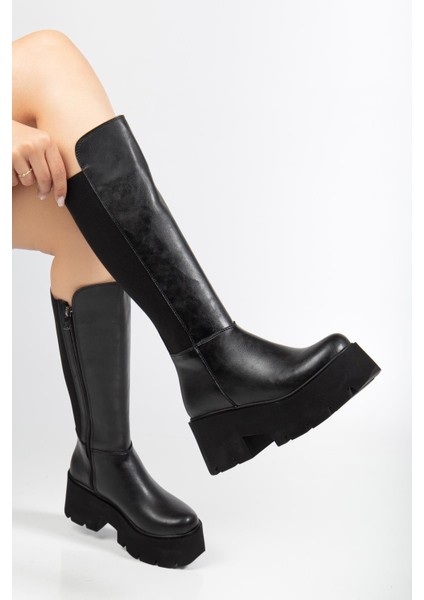 Suins Henna Model Platform Kadın Siyah Arkası Lastikli Çizme fiyatları