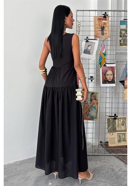 Tek Omuzlu Pile Detay Maxi Elbise 2895 L-Si̇yah fırsatları