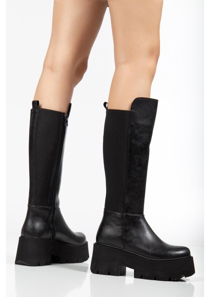 Suins Henna Model Platform Kadın Siyah Arkası Lastikli Çizme modelleri
